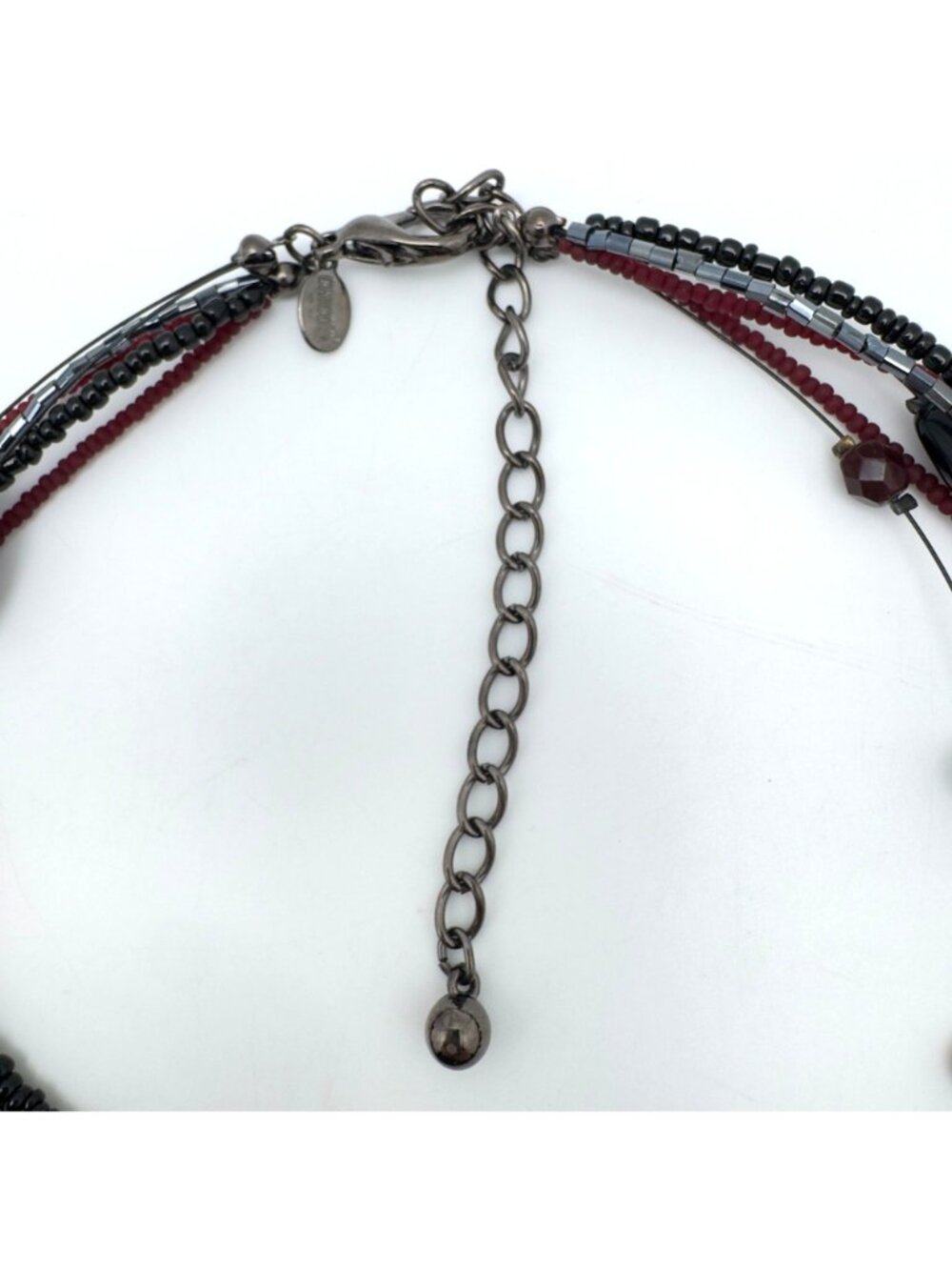 Chicos Gray Black Red Beaded Statement Necklace Pink Mica Acrylic Pendant Chain - Picture 8 of 11